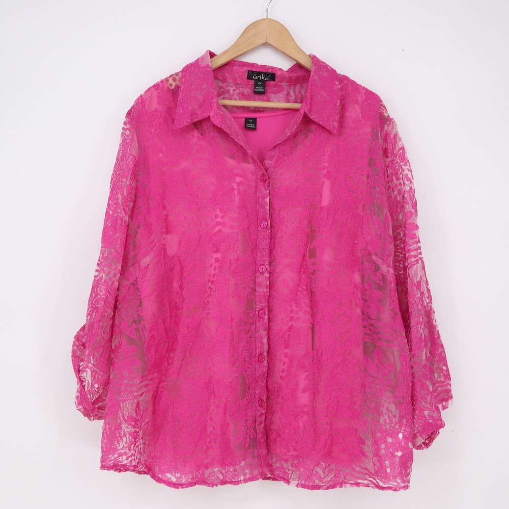 Erika Shirt Womens 2X Lushberry Pink Sheer Floral Lace Button-Down Set New